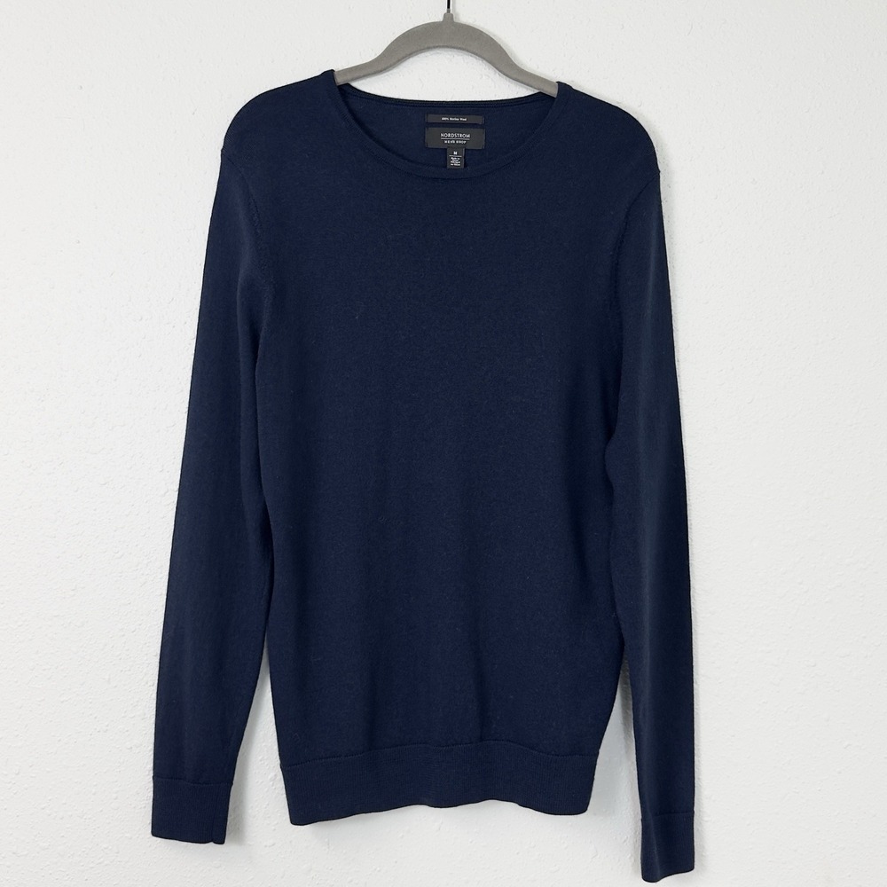Nordstrom Men's Navy Blue 100% Merino Wool Basic Luxury Sweater Crew Neck M